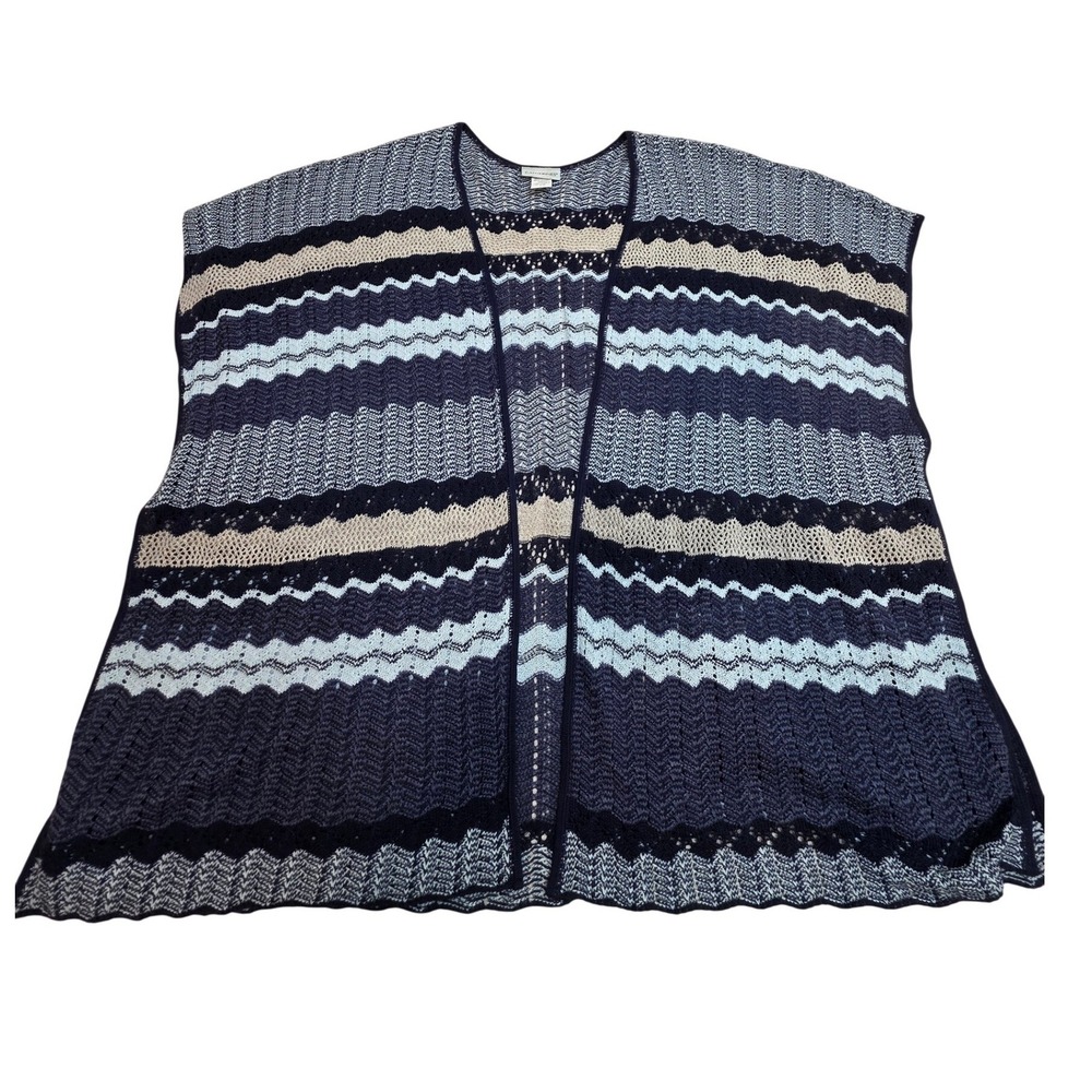 Catherines Womens 2X Blue Chevron Striped Pointelle Open Front Cardigan Vest